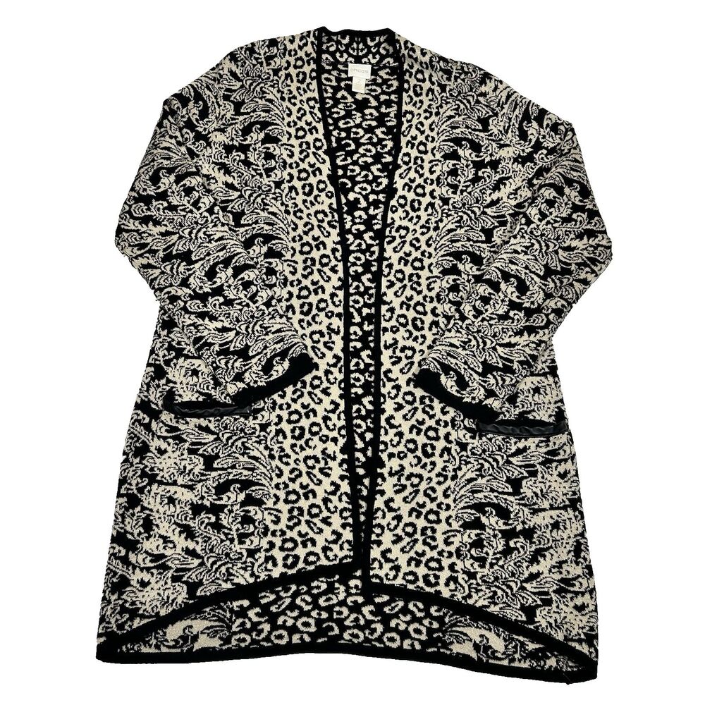CHICO'S Trimmed Animal Esme Cardigan Woman's 2 (L/12) Metallic Pockets Business